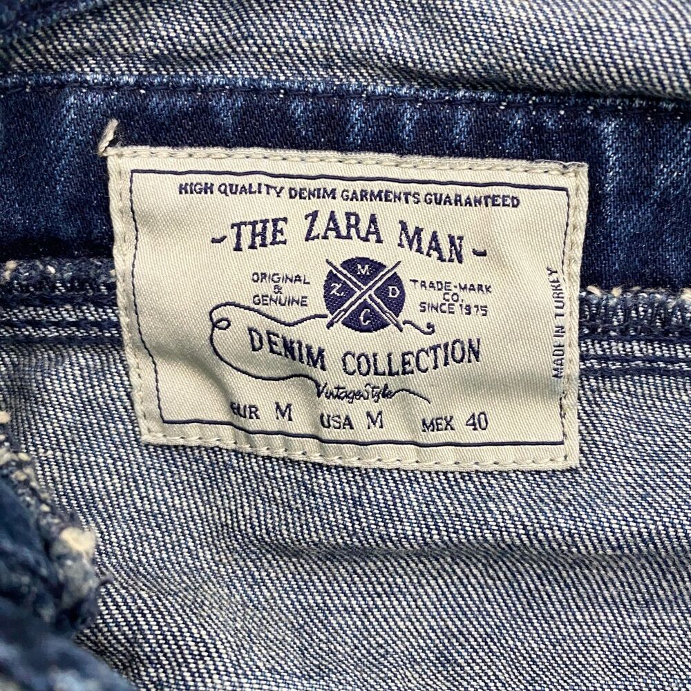 Zara Man Denim Overalls Mens Medium Blue Straight Leg Distressed Cotton Workwear - Picture 8 of 14